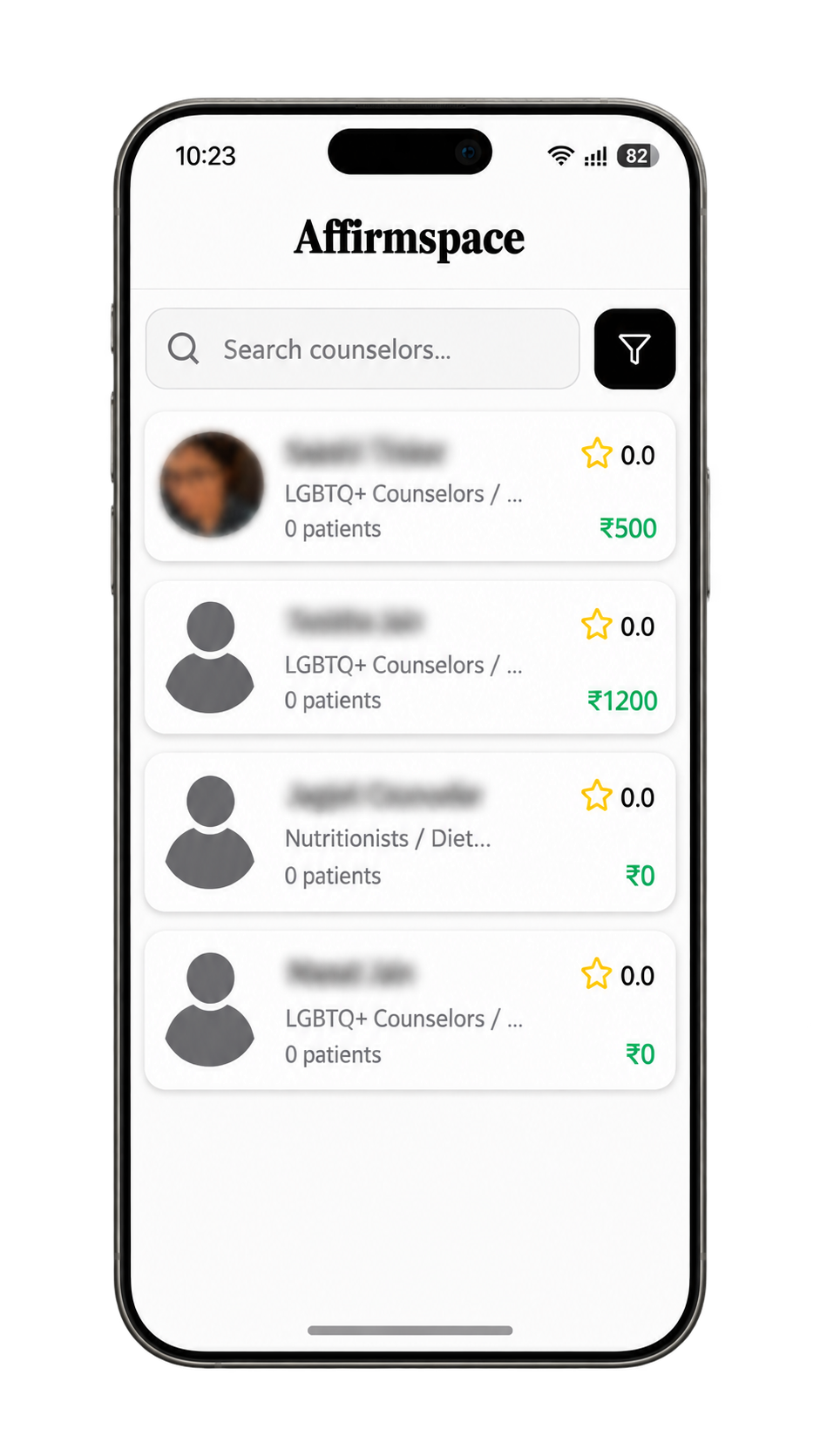 AffirmSpace counsellor booking screen showing LGBTQ+-friendly therapist profiles